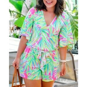 Lilly Pulitzer Madilyn Romper Tiki Pink Royal Lime Small Short sleeve Belted